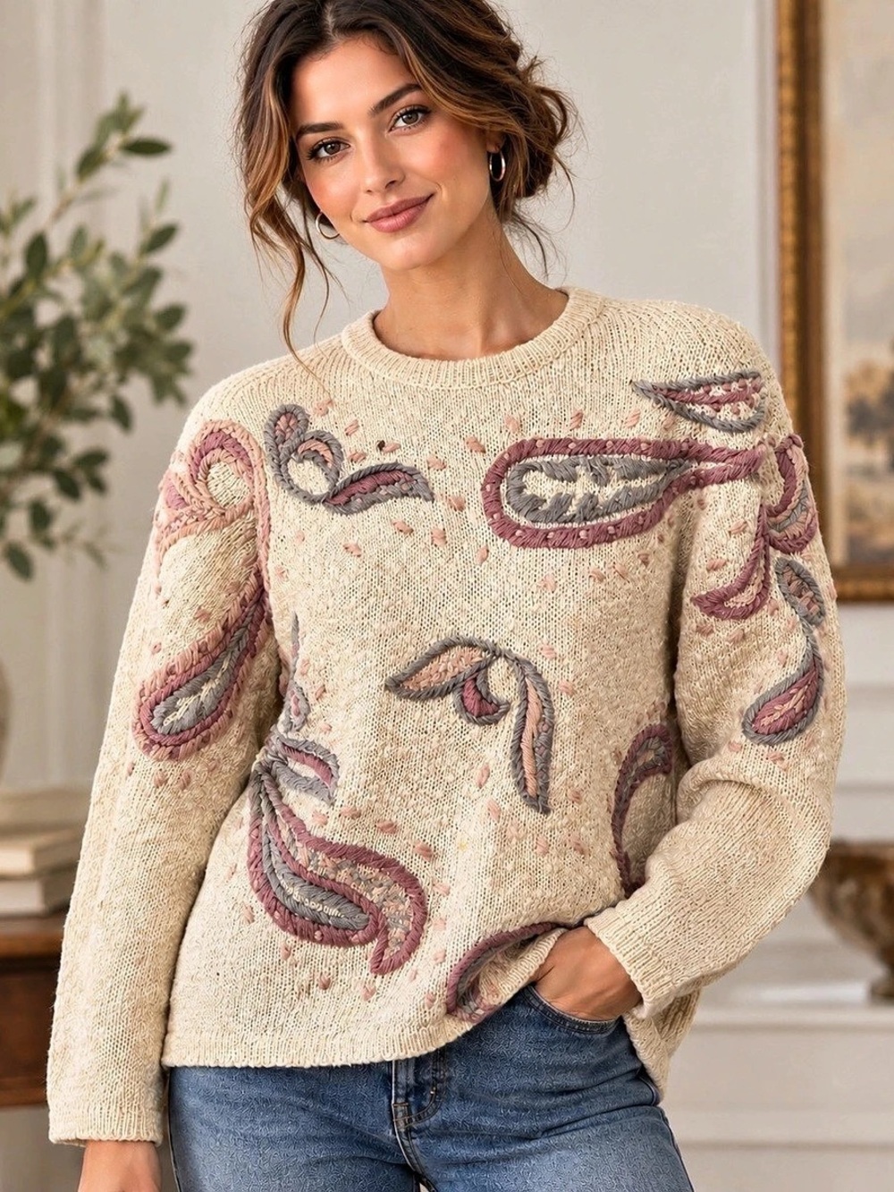 Vintage 80s Sunbow 2 Paisley Embroidered Ramie Cotton Sweater S Grandmacore Boho